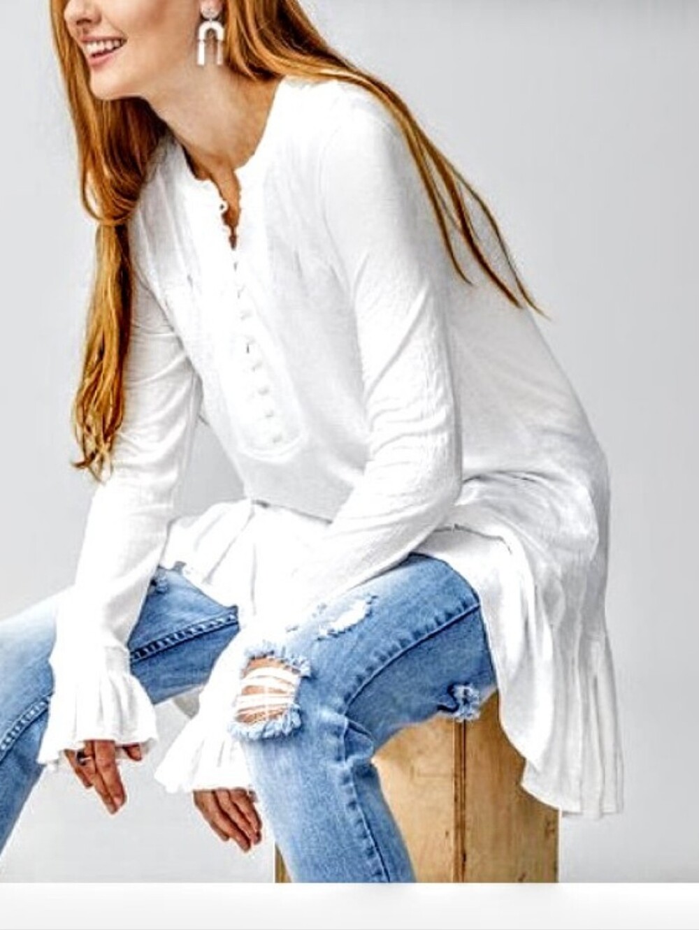 Free People Your Girl Tunic Long-Sleeve Ruffle Hem Henley Knit  Mini Dress sz M